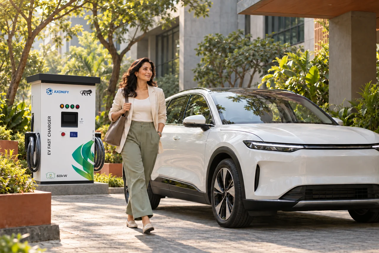 An EV driver beside a white car and charging cabinet at a landscaped business park